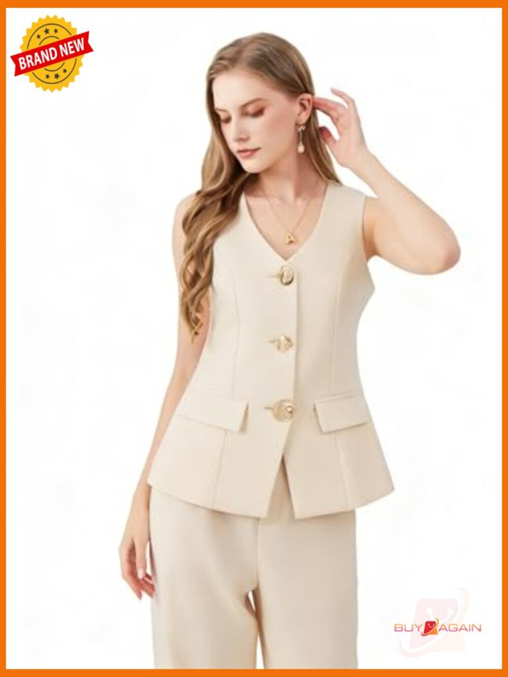 Sleeveless Blazer Vest & Wide Leg Pantsuit Set - 2 Piece Business Outfit - Picture 3 of 7